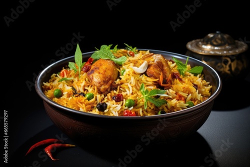 Pilaf with chicken, rice and vegetables on a black background, Indian chicken biryani with rice and vegetables on a Black background, AI Generated