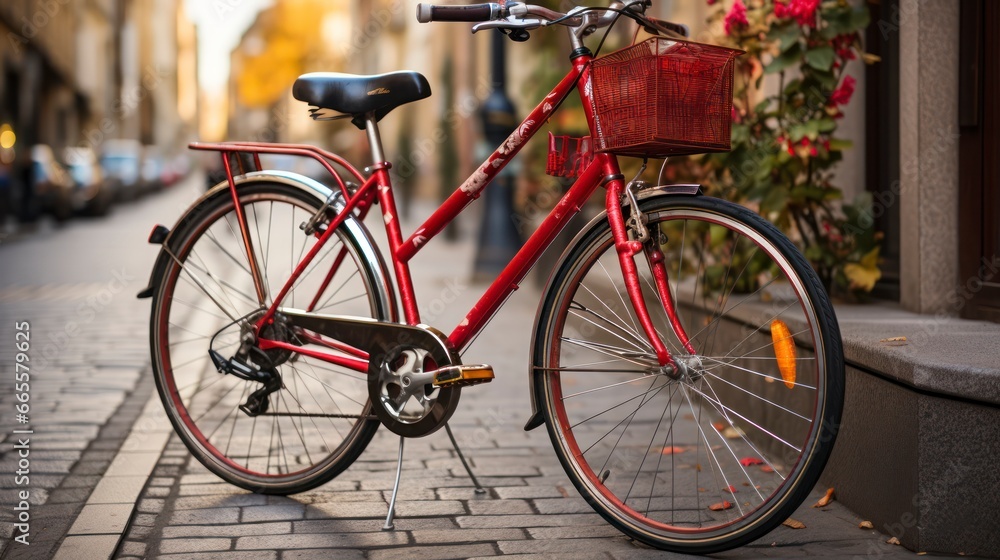 Amidst Modern Hustle. An old red bike in the street. Generative AI