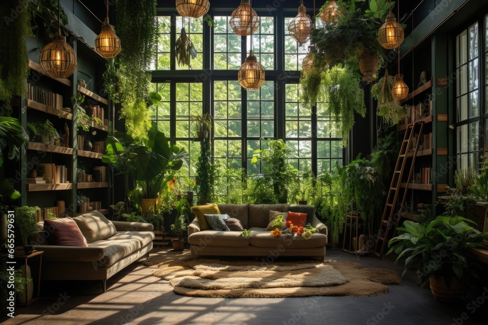 Obraz premium Interior of a cozy living room in a loft style with green plants, Interior design room with a lot of plants, AI Generated