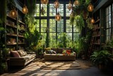 Interior of a cozy living room in a loft style with green plants, Interior design room with a lot of plants, AI Generated