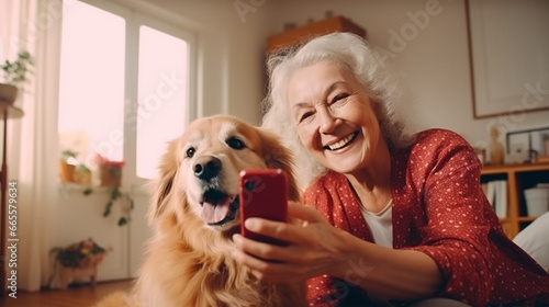 copy space, stockphoto, selfie photo taken by a elderly woman with dog cat in the living room. Senior woman using modern technology. Elderly woman taking a selfie with a cellphone, smartphone. photo