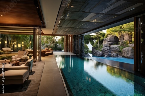 Swimming pool and lounge area of a modern luxury villa, interior Inviting Retreat, Contemporary Residence luxury villa with large swimming pool, AI Generated