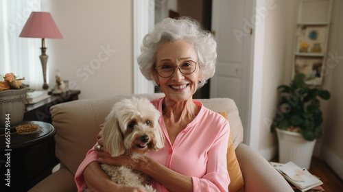 copy space, stockphoto, selfie photo taken by a elderly woman with dog cat in the living room. Senior woman using modern technology. Elderly woman taking a selfie with a cellphone, smartphone.