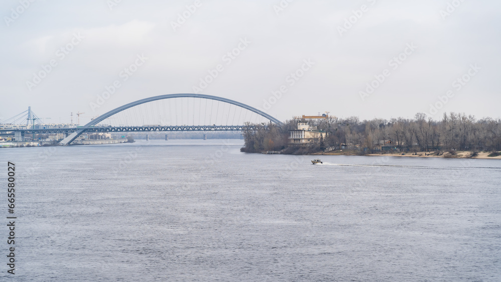 Naklejka premium View of the Kyiv Bridge from the Orsky station, Landscape, city view