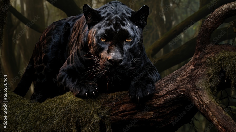 Black panther climbing a tree.