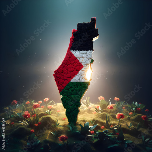 3d render of palestine map with flag inside with flowers and light around, 