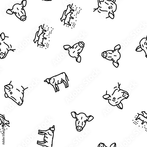 cow farm dairy cattle milk white vector seamless pattern thin line illustration