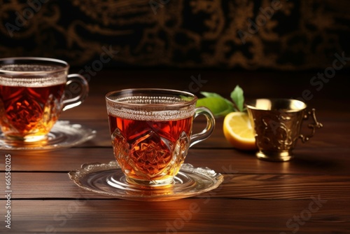Turkish tea in traditional glass on wooden table background. Tradition teapot drink hot cup. Generate Ai