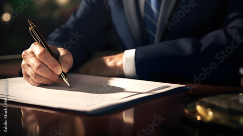 A close-up of a businessperson's hand signing an important document - AI Generated