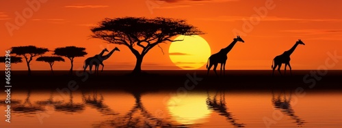 Panorama silhouette Giraffe family and silhouette tree. Typical African sunset with acacia trees in Masai Mara.