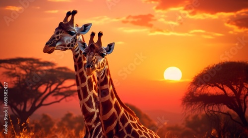 Two beautiful giraffes against the sunrise.