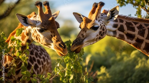 Two beautiful Masai giraffes eating tree leaves in Kenya's Masai Mara National Reserve.