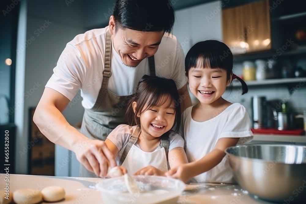 Father and his children baking delicious cookies together created with Generative AI technology Father and his children baking delicious cookies together created with Generative AI technology