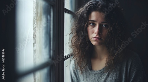 Depressed sad looking beautiful young woman near a window. Moody scene for mental illness, sex trafficking, domestic abuse. 