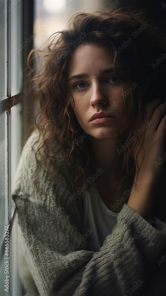 Depressed sad looking beautiful young woman near a window. Moody scene for mental illness, sex trafficking, domestic abuse. Depressed sad looking beautiful young woman near a window. Moody scene for mental illness, sex trafficking, domestic abuse.