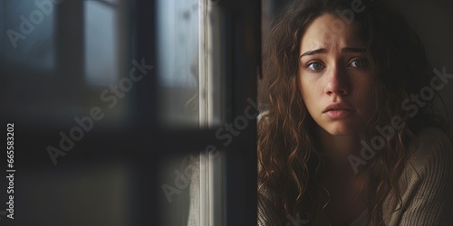 Depressed sad looking beautiful young woman near a window. Moody scene for mental illness, sex trafficking, domestic abuse. 