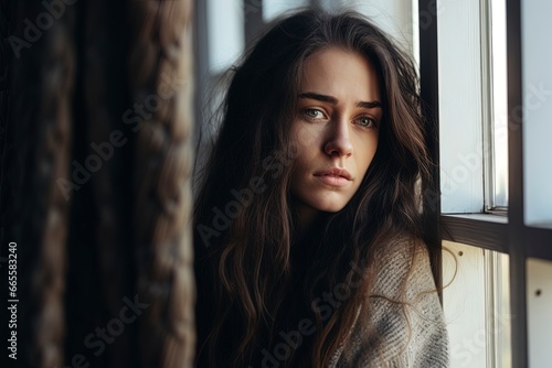 Depressed sad looking beautiful young woman near a window. Moody scene for mental illness, sex trafficking, domestic abuse. 