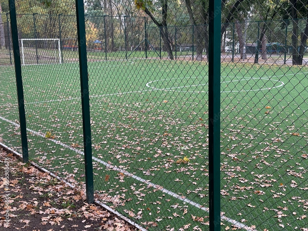 An empty football field is covered with yellow autumn leaves An empty football field is covered with yellow autumn leaves