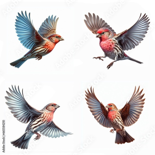 A set of male and female House Finches flying isolated on a white background