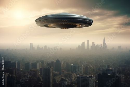 flying saucer over a city. Generative AI