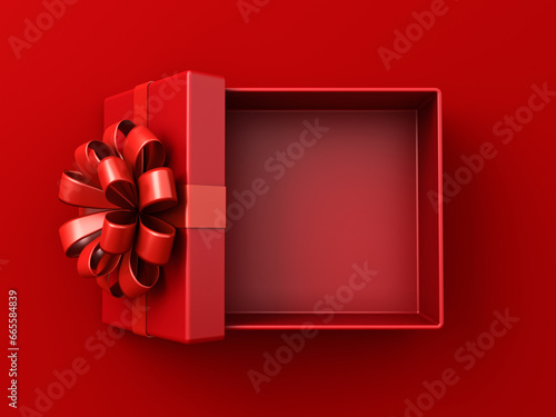 All red gift box open or top view of red present box with red ribbon bow isolated on dark red background with shadow minimal conceptuals for christmas and valentines day 3D rendering