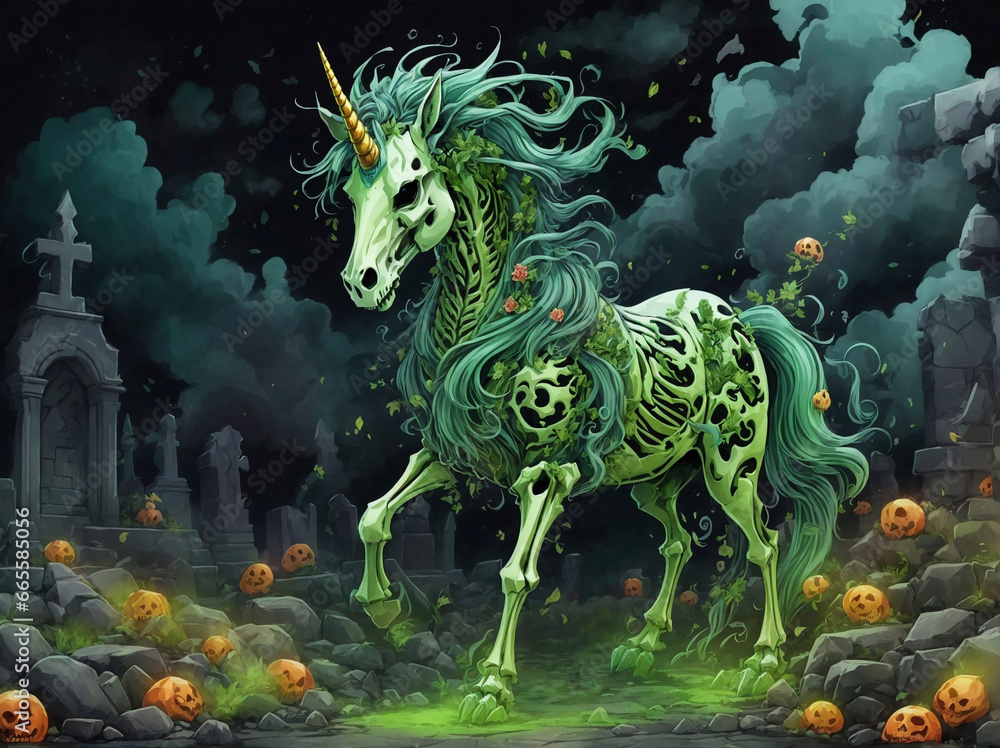 Skeletal unicorn on graveyard, ai generated