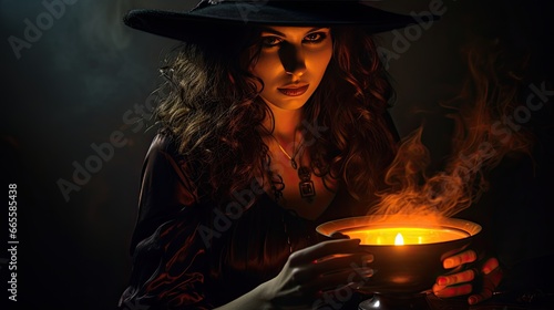 Cackling Firelight Fiend: A witch cackling madly beside a cauldron, with dynamic fire lighting casting wild shadows. Employ a color palette of deep orange and black