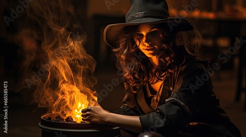 Cackling Firelight Fiend: A witch cackling madly beside a cauldron, with dynamic fire lighting casting wild shadows. Employ a color palette of deep orange and black