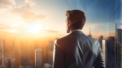 business man looking at the sun on city in the sky - AI Generated