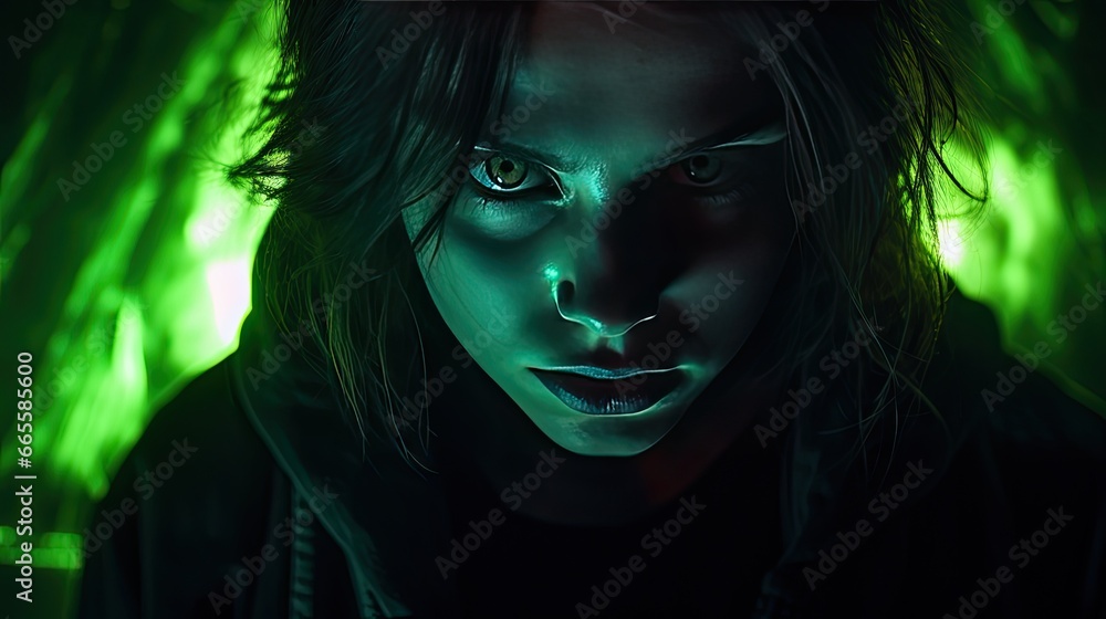 Glowing Eyes in the Abyss: Focus on a witch's glowing eyes in pitch darkness, her sinister gaze fixed straight on the camera. Utilize a deep black and neon green color palette