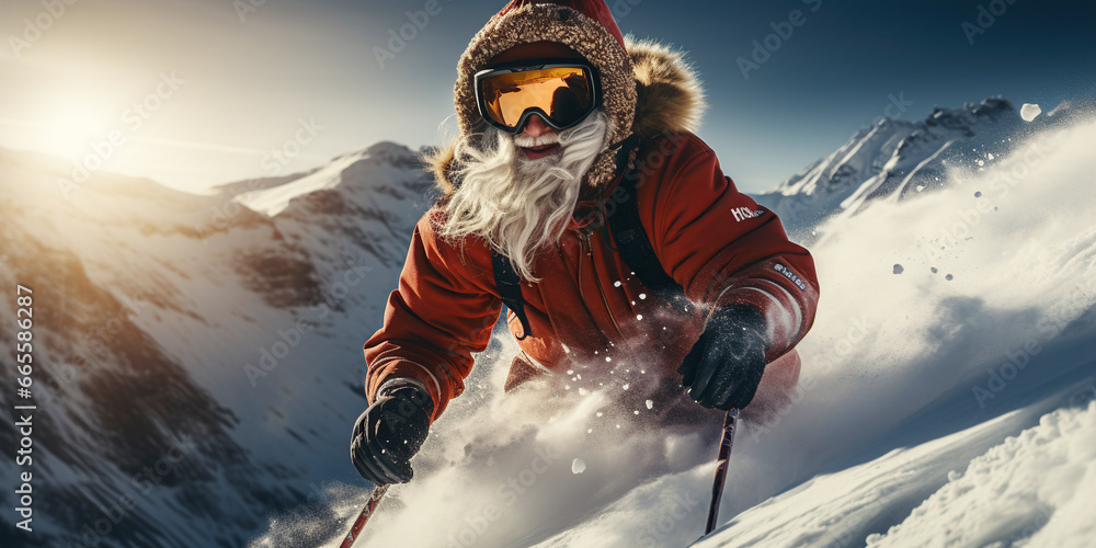 man in Santa Claus costume goes skiing in mountains in winter