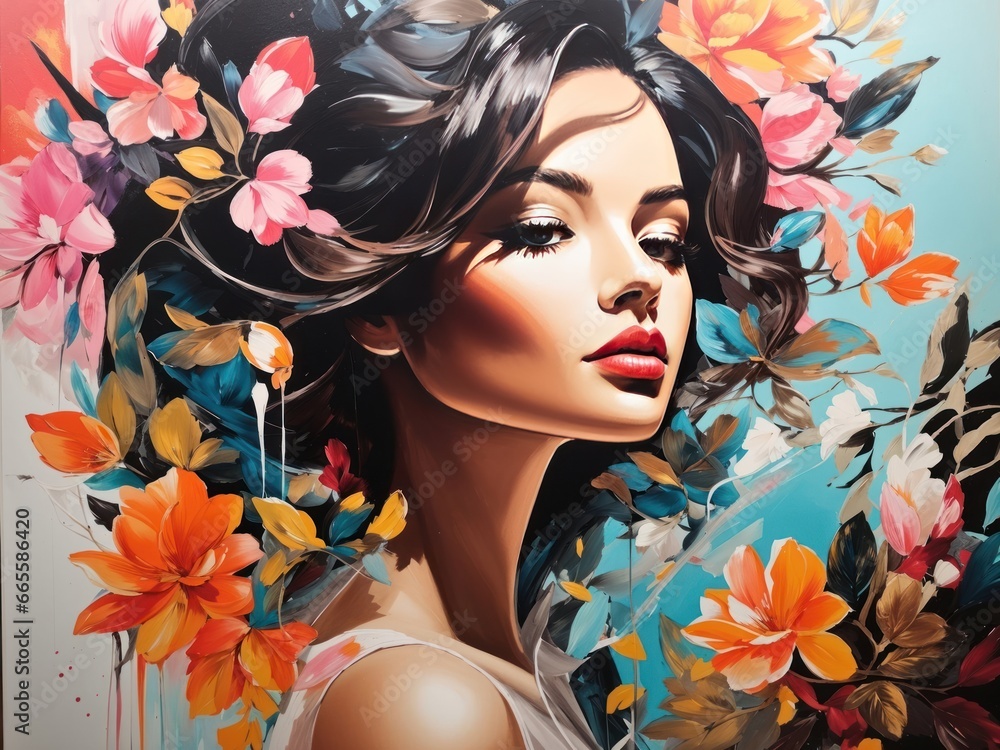 beautiful women acrylic painting with flowers