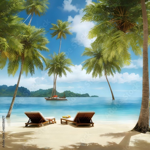 beach with palm trees ,A painting of a hammock and palm trees on a beach. 