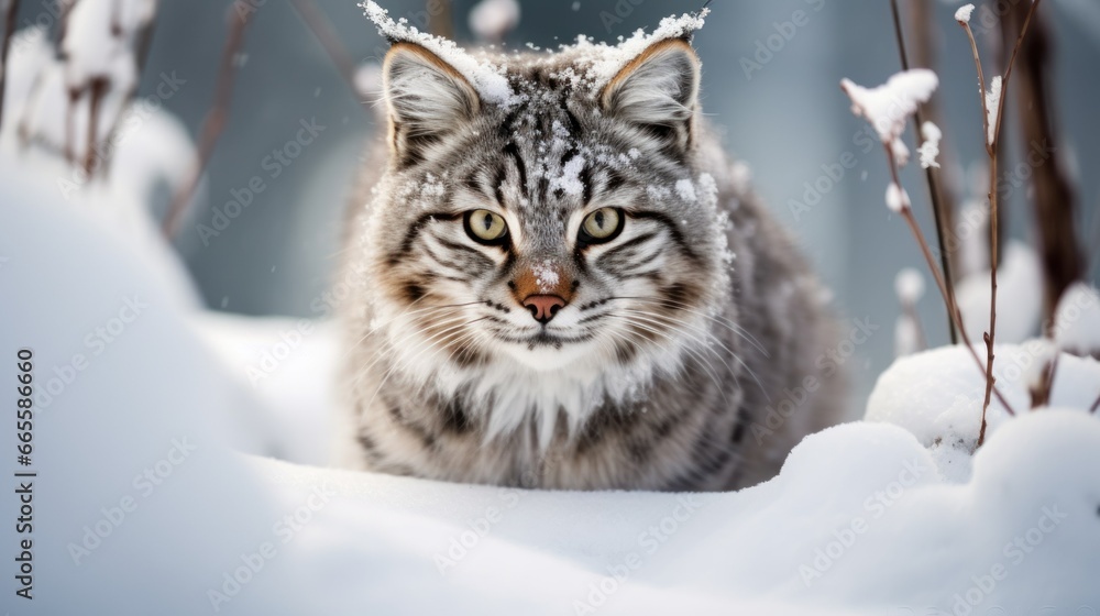 Snowy Stalker: Wild Cat in a Winter Wonderland
