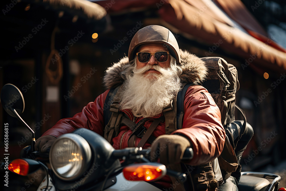 Santa Claus with gifts for Christmas rides motorcycle in winter. New Year Greeting card Santa Claus with gifts for Christmas rides motorcycle in winter. New Year Greeting card