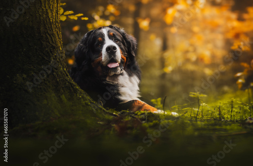Bernese mountain dog at forest photo