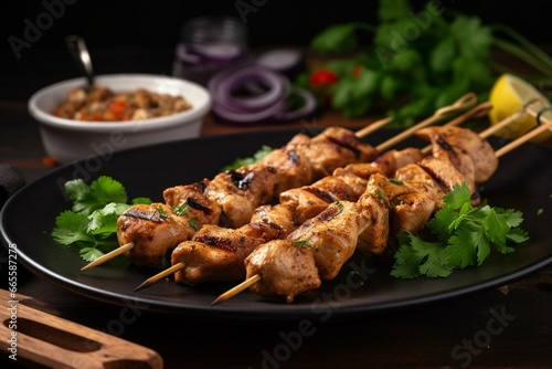 Delicious chicken skewers seasoned with authentic spices, grilled to perfection. Generative AI
