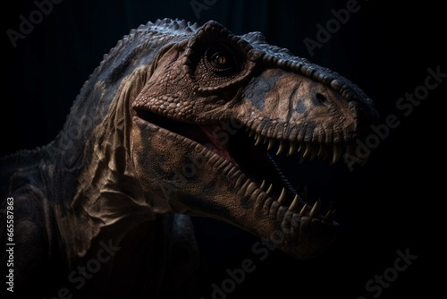 a fearsome dinosaur on a dark backdrop. Generative AI