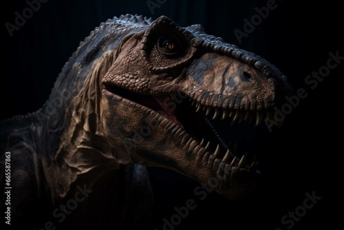 a fearsome dinosaur on a dark backdrop. Generative AI photo