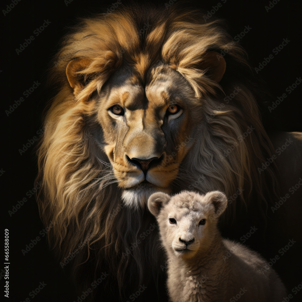 The Lion and the Lamb together. Image on black background created with generative ai.