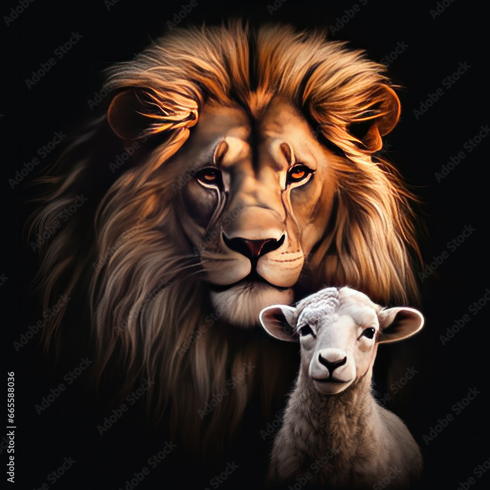 Fototapeta premium The Lion and the Lamb together. Image on black background created with generative ai.