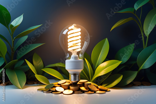 energy saving lamp with coins and plants, ecology and savings concept