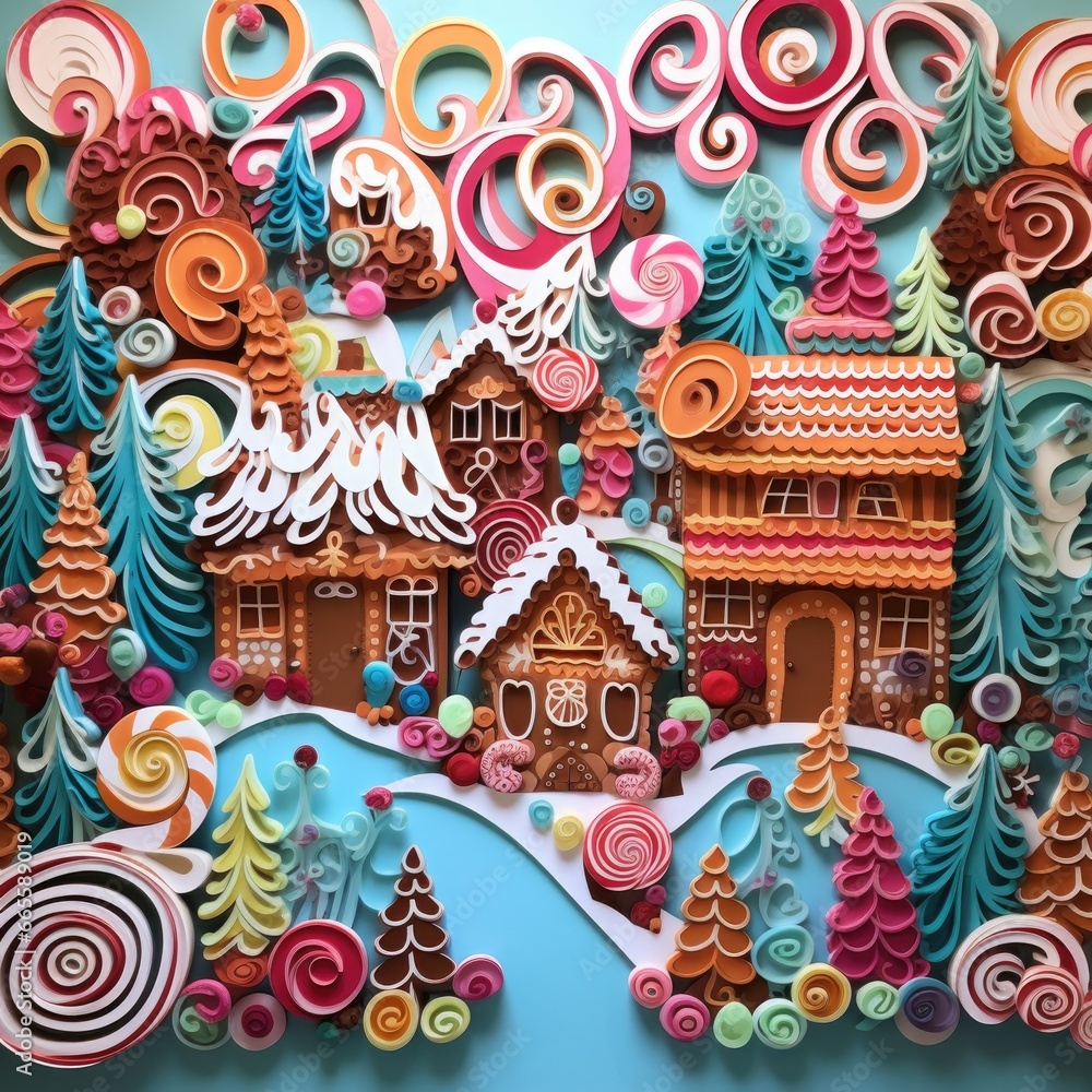 3d quilled paper art CHRISTMAS GINGERBREAD VILLAGE, candyland scene