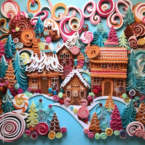 3d quilled paper art CHRISTMAS GINGERBREAD VILLAGE, candyland scene
