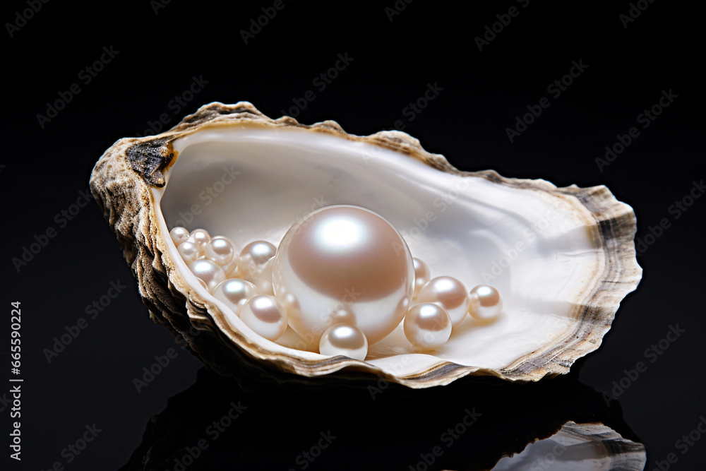 The pearls in the mussel shell on black background. Close up of a pearl nestled inside a oyster shell. The pearls in the mussel shell on black background. Close up of a pearl nestled inside a oyster shell.
