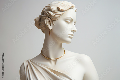 Statue with jewelry, bust of woman wearing golden necklace and earrings. Sculpture with luxury jewelry. Timeless, eternal beauty and style concept. Gypsum stone woman Greek statue with golden chain