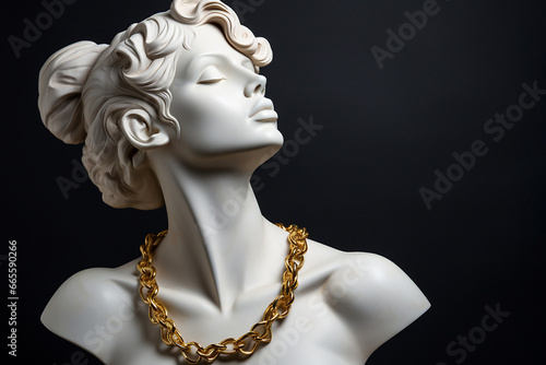 Statue with jewelry, bust of woman wearing golden necklace. Sculpture with luxury jewelry. Timeless, eternal beauty and style concept. Gypsum stone woman Greek statue with golden chain, copy space. photo