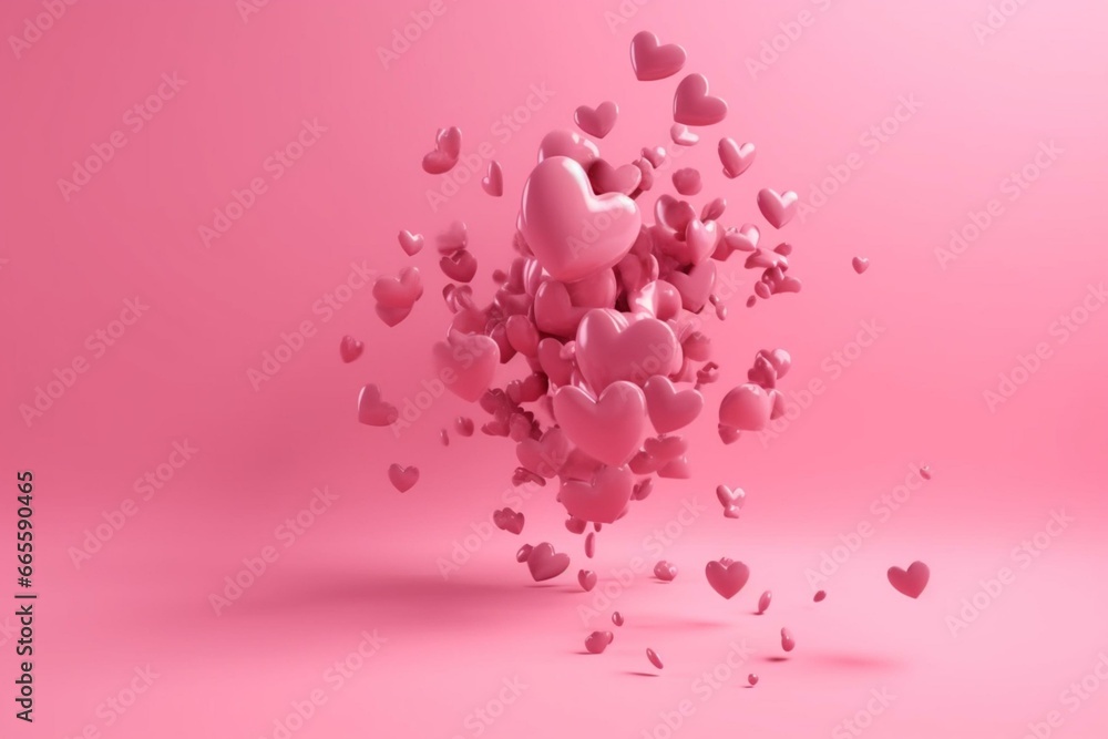 Pink love heart floating and falling on pink background. Greeting card. Generative AI