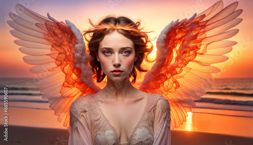 Beautiful angel by the beach at sunset photo