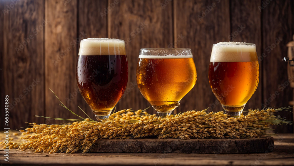 glasses with beer on a wooden background, ears of corn glasses with beer on a wooden background, ears of corn
